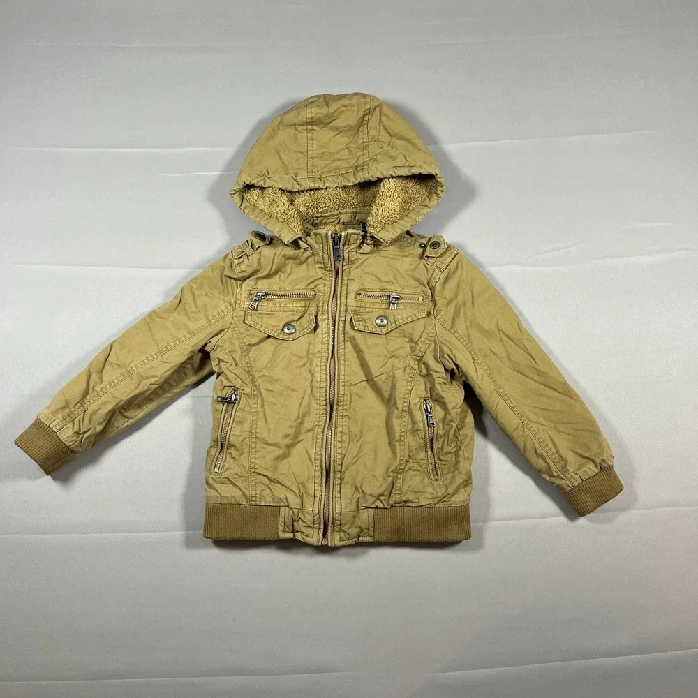 Hard Edge Utility Jacket Kids 7 Beige Sherpa Lined Hooded Full Zip Long Sleeve